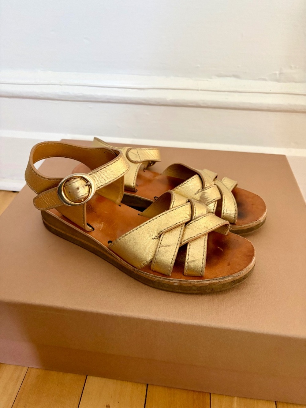 APC gold leather sandals size 38